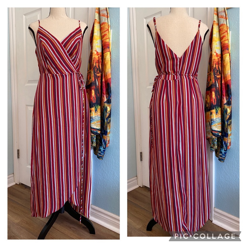 AQUA spaghetti strap wrap style multi-stripe maxi dress Sz. M (b3)